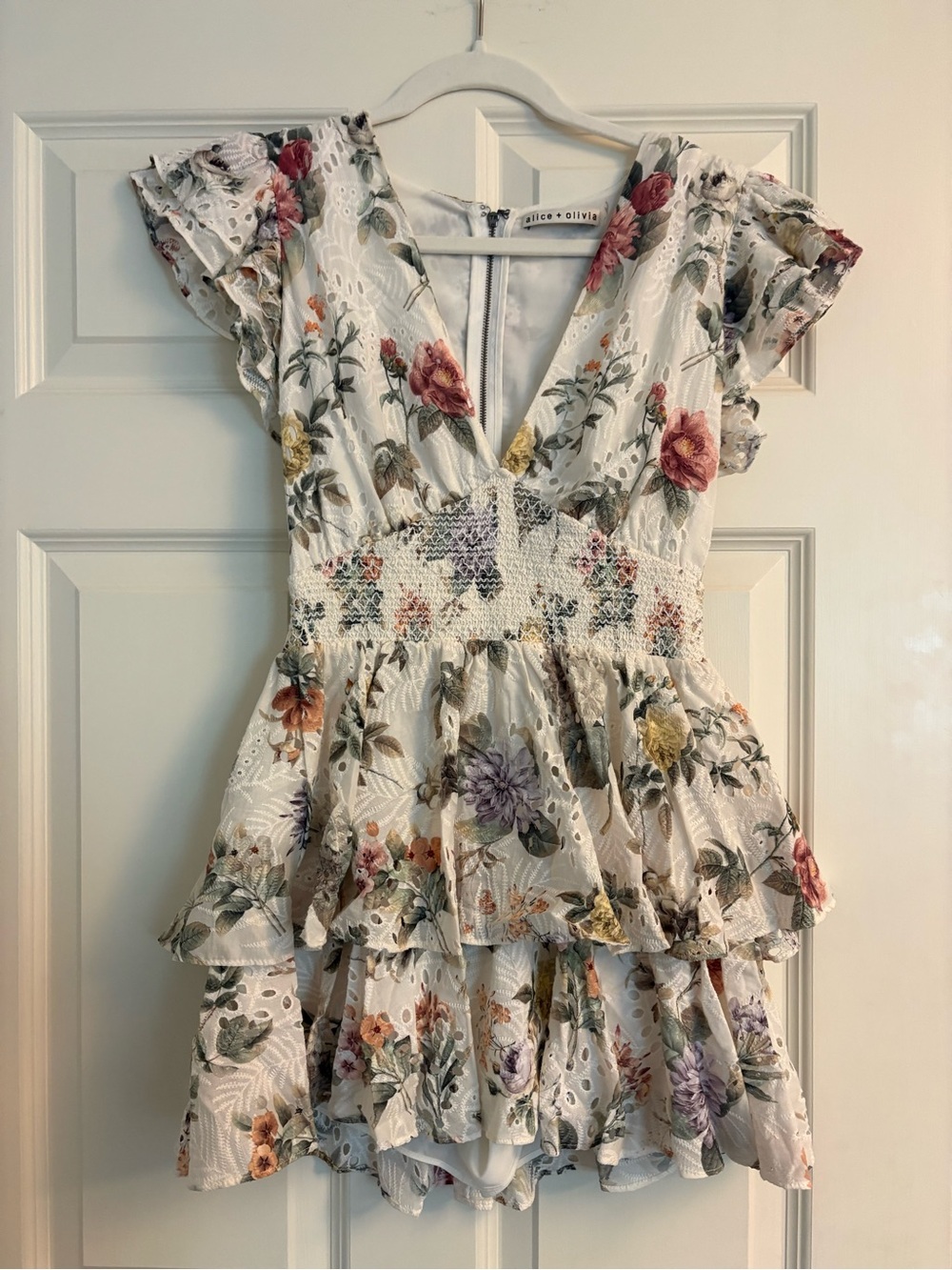 Alice + Olivia White Floral Tiered V-Neck Ruffle Mini Dress